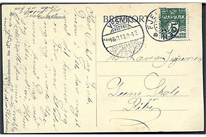 5 øre Bølgelinie på brevkort annulleret med stjernestempel FJELLEBROEN og sidestemplet Vester-Skjerninge d. 13.11.1912 til Seem skole pr. Ribe.