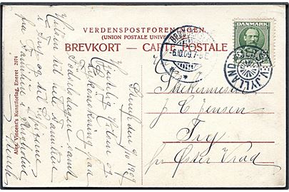 5 øre Fr. VIII på brevkort annulleret med stjernestempel JERSLEV. JYLLAND og sidestemplet Brønderslev d. 6.10.1909 til Øster Vraa.