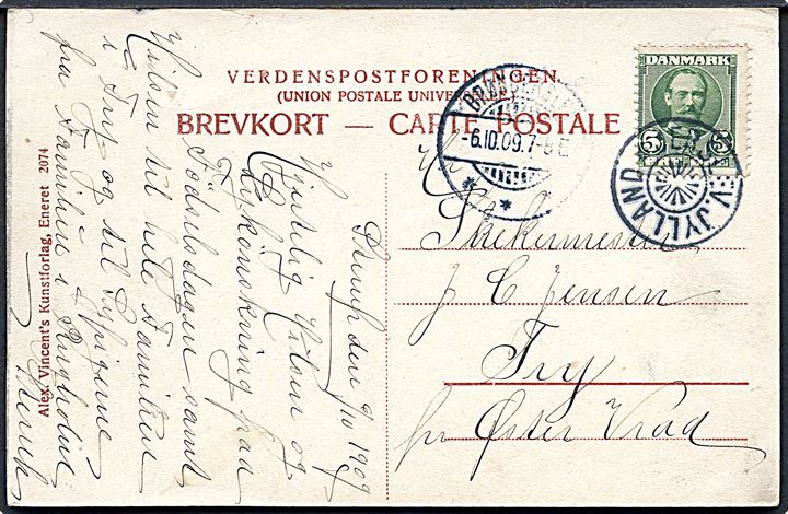 5 øre Fr. VIII på brevkort annulleret med stjernestempel JERSLEV. JYLLAND og sidestemplet Brønderslev d. 6.10.1909 til Øster Vraa.