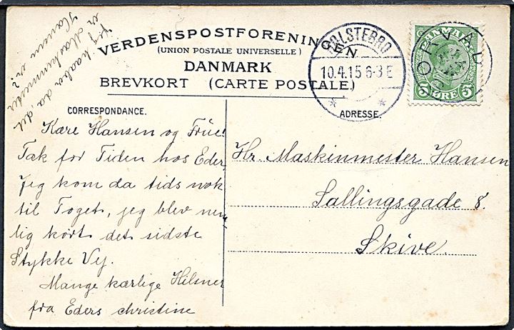 5 øre Chr. X på brevkort (Folkedragter fra Fur) annulleret med stjernestempel SØRVAD og sidestemplet Holstebro d. 10.4.1915 til Skive.