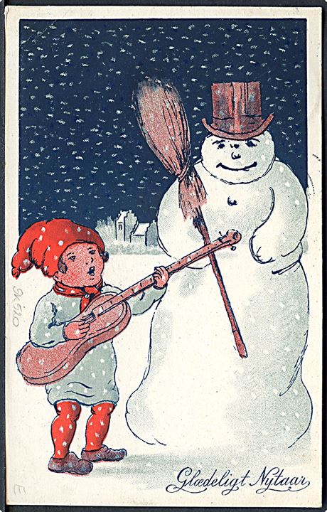 3 øre Bølgelinie på lokalt julekort (Nisse og snemand. A. Vincent serie 61/1) annulleret med stjernestempel HEM og sidestemplet Skive d. 1.1.1915 til Skive.