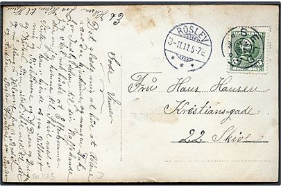 5 øre Fr. VIII på brevkort annulleret med stjernestempel SELDE og sidestemplet Roslev d. 3.11.1911 til Skive.