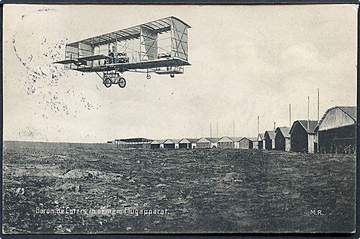 Belgisk flyvepioner, Baron Pierre de Caters, i sin Voisin-maskine. Anvendt i Danmark 1911.