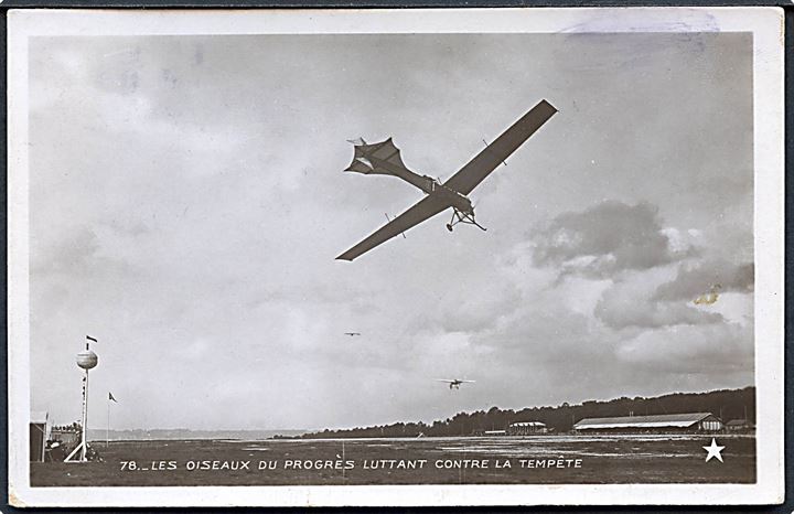 Fransk pioner flyver: Les Oiseaux du Progrès luttant contre la tempête. No. 78. Anvendt i Danmark ca. 1910.
