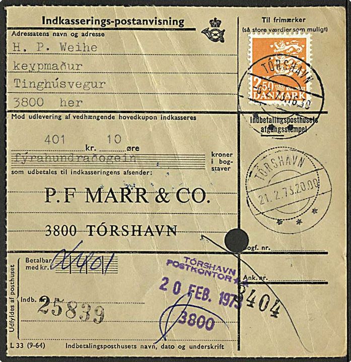 2,50 kr. Rigsvåben på Indkasserings-Postanvisning stemplet Tórshavn d. 6.2.1973.