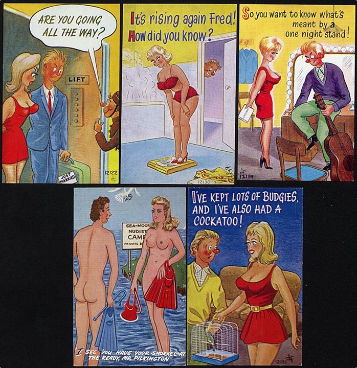 12 tegnede, erotiske postkort med forskellige motiver. Brook Publishing no. 12115, 12116, 12117, 12118, 12119, 12120, 12121, 12122, 12123, 12130 & 12131. 1 kort uden nr. 