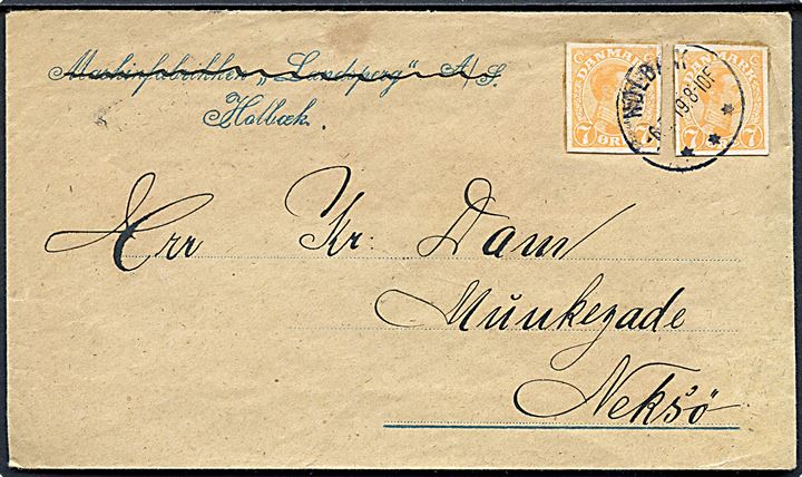 7 øre Chr. X helsagsafklip (2) anvendt som frankering på brev fra Holbæk d. 6.6.1919 til Neksø, Bornholm.