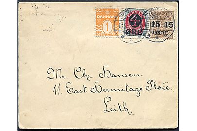 1 øre Bølgelinie, 4/8 øre og 15/24 øre Provisorium på brev fra Svendborg d. 13.6.1907 til Leith, Scotland. Ank.stemplet i Edinburgh d. 15.6.1907.