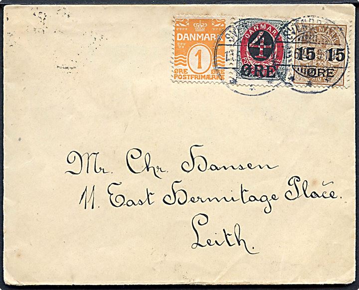 1 øre Bølgelinie, 4/8 øre og 15/24 øre Provisorium på brev fra Svendborg d. 13.6.1907 til Leith, Scotland. Ank.stemplet i Edinburgh d. 15.6.1907.