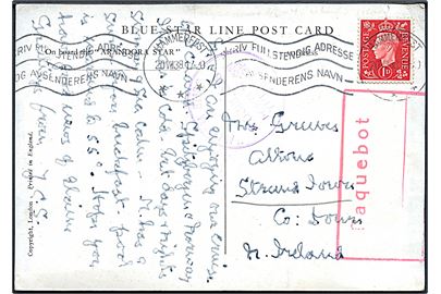 Engelsk 1d George VI på brevkort (Arandora Star, Blue Star Line) fra turistfart til Svalbard annulleret med norsk stempel i Hammerfest d. 20.7.1938 og sidestemplet Paquebot til Nord Irland. Svagt skibsstempel Arandora Star 20.7.1938 Posted on the high seas. Skibet blev under krigen udrustet som troppetransportskib og blev sænket af tysk ubåd U47 udfor Irland d. 2.6.1940 på rejse fra England til Canada med bl.a. tyske og italienske krigsfanger. Ved forliset omkom 865 mennesker.