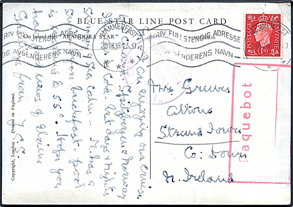 Engelsk VI på brevkort ("Arandora Blue Star Line)