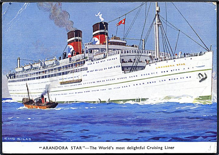 Engelsk 1d George VI på brevkort (Arandora Star, Blue Star Line) fra turistfart til Svalbard annulleret med norsk stempel i Hammerfest d. 20.7.1938 og sidestemplet Paquebot til Nord Irland. Svagt skibsstempel Arandora Star 20.7.1938 Posted on the high seas. Skibet blev under krigen udrustet som troppetransportskib og blev sænket af tysk ubåd U47 udfor Irland d. 2.6.1940 på rejse fra England til Canada med bl.a. tyske og italienske krigsfanger. Ved forliset omkom 865 mennesker.