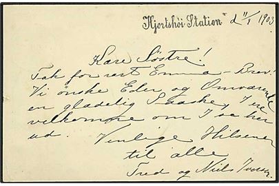 5 øre Våben helsagsbrevkort annulleret med bureaustempel Aarhus - Grenaa T.238 d. 11.4.1903 til Ringkloster pr. Hylke. På bagsiden liniestempel: Hjortshói Station.