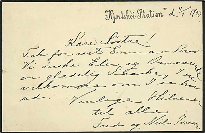 5 øre Våben helsagsbrevkort annulleret med bureaustempel Aarhus - Grenaa T.238 d. 11.4.1903 til Ringkloster pr. Hylke. På bagsiden liniestempel: Hjortshói Station.