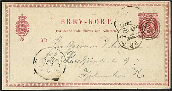 8 øre helsagsbrevkort fra Korsør annulleret med kombineret nr.-stempel 181/SJÆLL.P.B. d. 10.6.1879 til København.