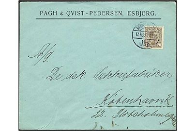 20 øre Chr. X på brev fra Esbjerg annulleret med reserve bureaustempel Nørrejyllands Jbp. T.1014 d. 17.6.1922 til København. Reservestempel benyttet på ruten Fredericia - Struer.