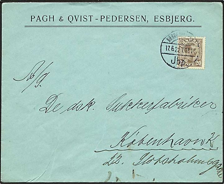 20 øre Chr. X på brev fra Esbjerg annulleret med reserve bureaustempel Nørrejyllands Jbp. T.1014 d. 17.6.1922 til København. Reservestempel benyttet på ruten Fredericia - Struer.