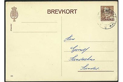 20 øre Fr. IX helsagsbrevkort (fabr. 191) annulleret med brotype IIc reserve bureaustempel JRB-POSTKT2 sn4 d. 17.x.1953 til Sandal.