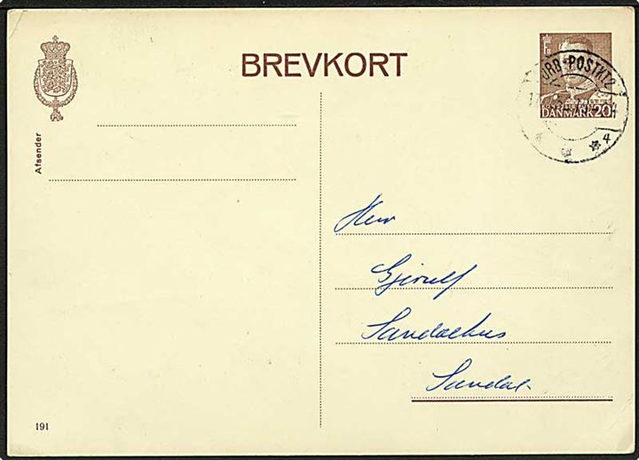 20 øre Fr. IX helsagsbrevkort (fabr. 191) annulleret med brotype IIc reserve bureaustempel JRB-POSTKT2 sn4 d. 17.x.1953 til Sandal.