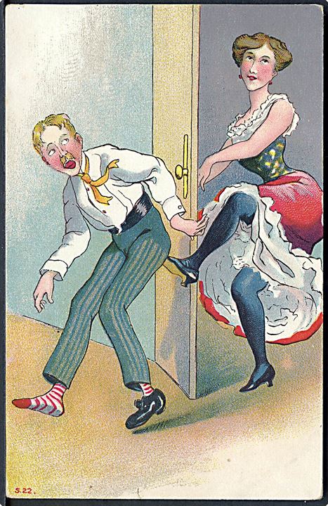 Kvinde sparker mand ud af døren. S. no. 22. 