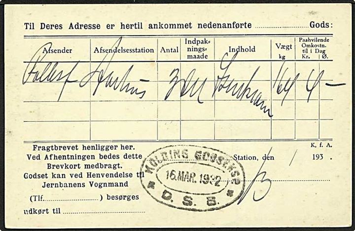 10 øre helsagsbrevkort (fabr. 102-H) med privat tiltryk fra De danske Statsbaner stemplet Kolding d. 16.3.1932 til Jordrup. På bagsiden ovalt jernbanestempel: Kolding Godseksp. * D.S.B. *