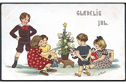 Helga Tesch: Glædelig Jul. Børn omkring lille juletræ. Ed. F. Ph. no. 350 / 1. 