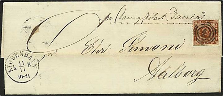 4 sk. stukken kant på dampskibsbrev annulleret med nr.stempel 1 og sidestemplet Kiøbenhavn KB d. 11.11.1863 til Aalborg. Påskrevet: pr. Dampskibet Dania.