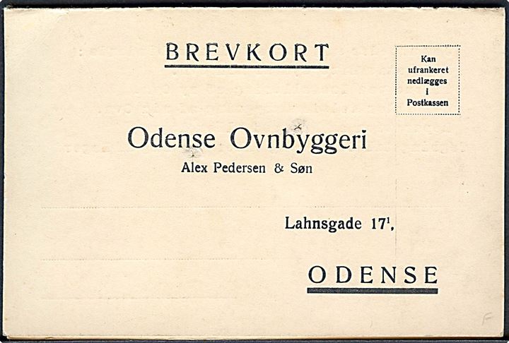 Reklamekort. Odense Ovnbyggeri ved Alex Pedersen & Søn. Dobbeltkort. (Småskader). 