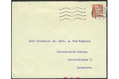 30 øre Fr. IX på brev annulleret med maskinstempel Thorshavn d. 27.2.1959 til København. Røde ombærings-kontrolstreger.