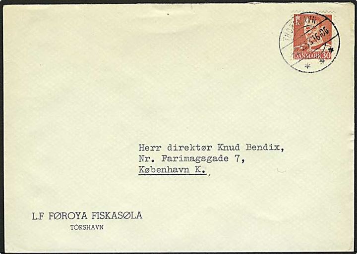 30 øre Fr. IX på brev stemplet Thorshavn d. 2.3.1953 til København.