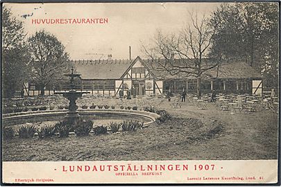 Sverige. Lundautställingen 1907. Huvudrestaturanten. Lorentz Larssons kunstforlag no. 61. 
