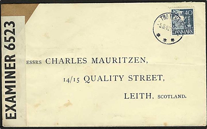 40 øre Karavel på brev fra Thorshavn d. 5.8.1942 til Leith, Scotland. Åbnet af britisk censur PC90/6523. Skramme på mærke.