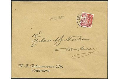 20 øre Karavel på brev fra Thorshavn d. 28.8.1942 til Sandevaag.