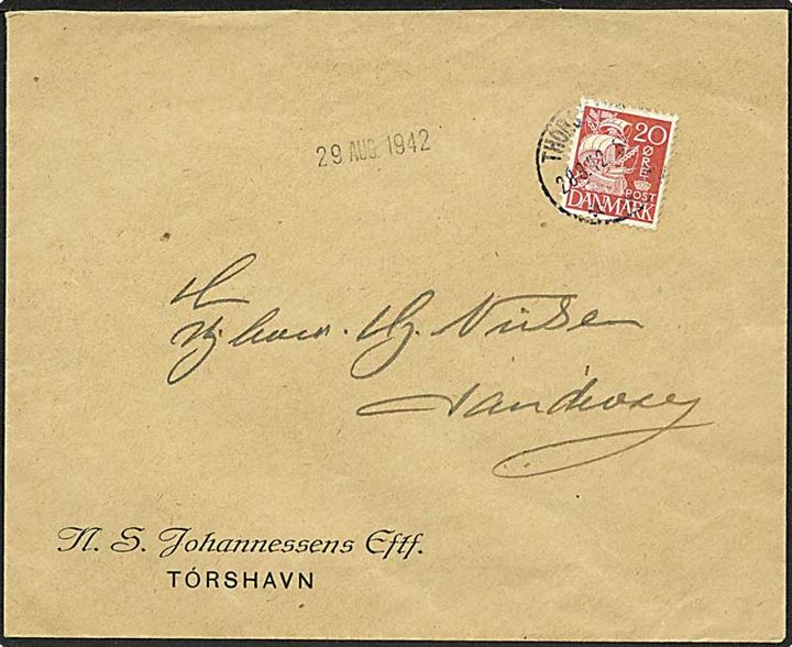 20 øre Karavel på brev fra Thorshavn d. 28.8.1942 til Sandevaag.
