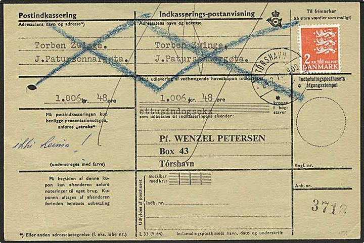 2 kr. Rigsvåben på retur Indkasserings-Postanvisning stemplet Tórshavn d. 24.2.1971.
