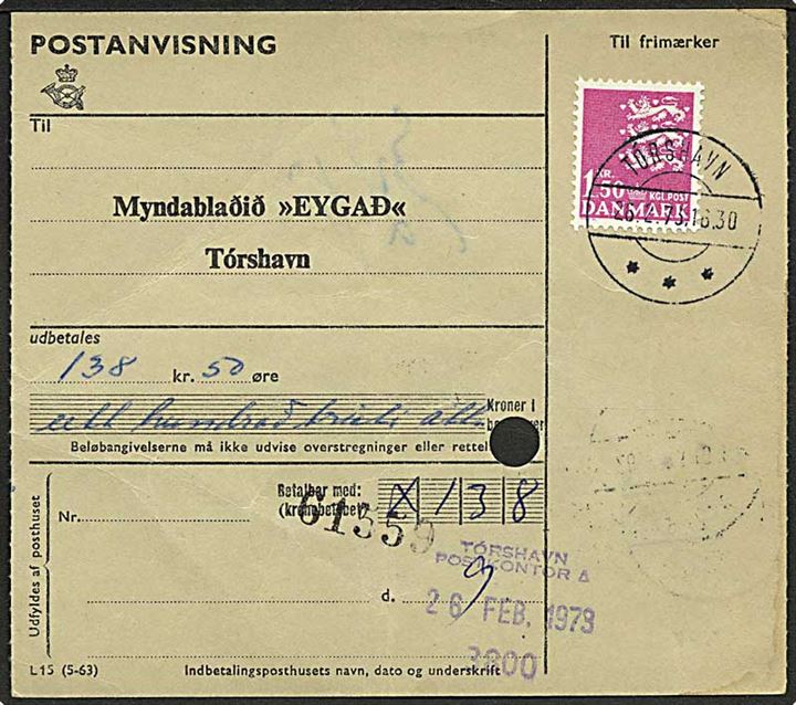 1,50 kr. Rigsvåben på Postanvisning stemplet Tórshavn d. 26.2.1973.