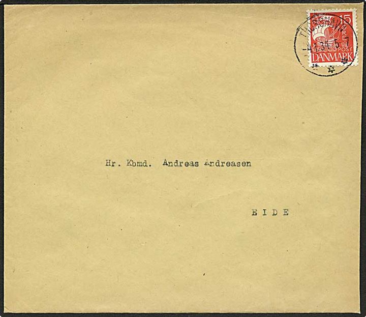 15 øre Karavel på brev stemplet Thorshavn d. 4.1.1934 til Eide.
