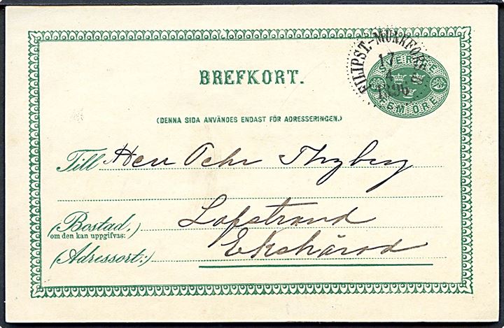 5 öre helsagsbrevkort fra Råda annulleret med bureaustempel Filipst. - Munkfors B. d. 17.4.1896 til Lofstrand.