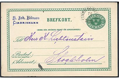 5 öre helsagsbrevkort fra Cimbrishamn annulleret med bureaustempel Cimbr. - Timelilla d. 19.3.1891 til Stockholm.
