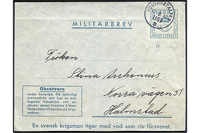 Militärbrev annulleret Postanstalten 1187 B (= Grunnebo) d. 12.3.1942 til Halmstad. Sendt fra soldat ved fältpost 21325 Litt. F. Bortklippet svarmærke og har været opklæbet.