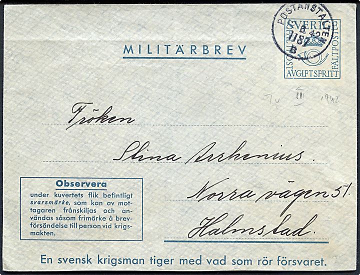 Militärbrev annulleret Postanstalten 1187 B (= Grunnebo) d. 12.3.1942 til Halmstad. Sendt fra soldat ved fältpost 21325 Litt. F. Bortklippet svarmærke og har været opklæbet.