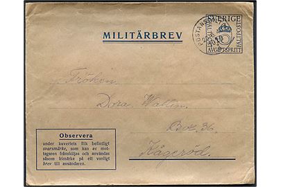 Militärbrev stemplet Postanstalten 1029 Å (= Horna) d. 20.6.1940 til Kågeröd. Fra soldat ved fältpost 44155 Litt. F. Bortklippet svarmærke.