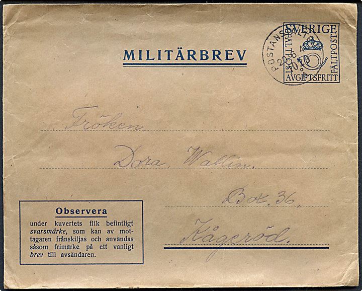 Militärbrev stemplet Postanstalten 1029 Å (= Horna) d. 20.6.1940 til Kågeröd. Fra soldat ved fältpost 44155 Litt. F. Bortklippet svarmærke.