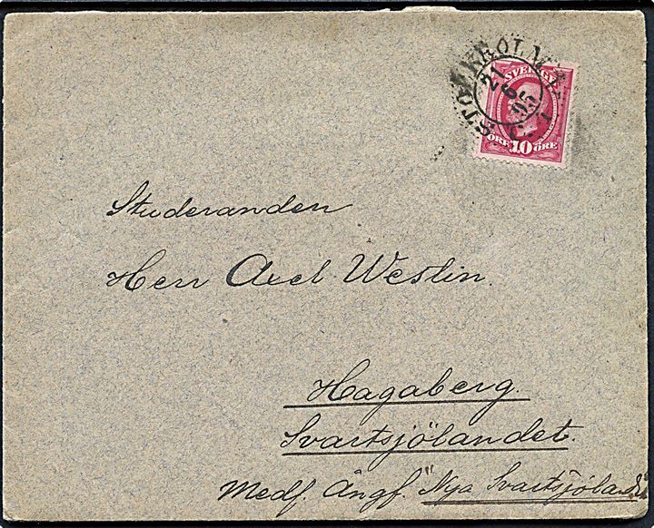 10 öre Oscar II på brev fra Stockholm d. 21.6.1895 til Hagaberg, Svartsjölandet medf. Angf. Nya Svartsjölandet. Skærgårdsbrev adresset via dampskip på ruten Stockholm - Norrby.