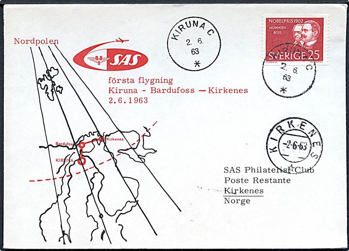 25 öre Nobel på illustreret SAS flyvningskuvert Kiruna-Bardufoss-Kirkenes stemplet Kiruna d. 2.6.1963 til Kirkenes, Norge. Ank.stemplet Kirkenes d. 2.6.1963.