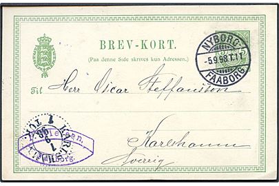 5 øre Våben helsagsbrevkort fra Faaborg annulleret med bureaustempel Nyborg - Faaborg T.11 d. 5.9.1898 til Karlshamn, Sverige.