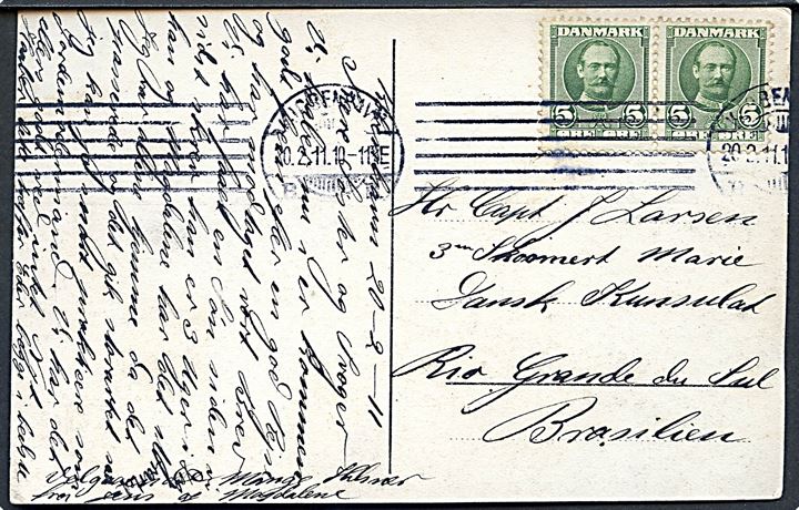 5 øre Fr. VIII i parstykke på brevkort fra Kjøbenhavn d. 20.2.1911 til Capt. J. Larsen 3-mastet skonnert Marie af Svendborg via danske konsul i Rio Grande du Sul, Brasilien.