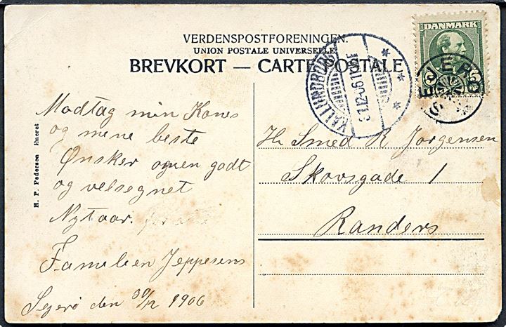 5 øre Chr. IX på brevkort (Parti fra Sejerby) annulleret med stjernestempel SEJERØ og sidestemplet Kallundborg d. 31.12.1906 til Randers.