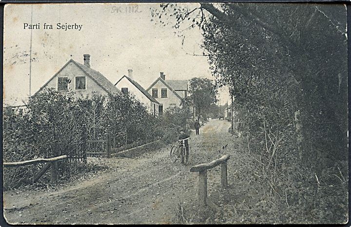 5 øre Chr. IX på brevkort (Parti fra Sejerby) annulleret med stjernestempel SEJERØ og sidestemplet Kallundborg d. 31.12.1906 til Randers.