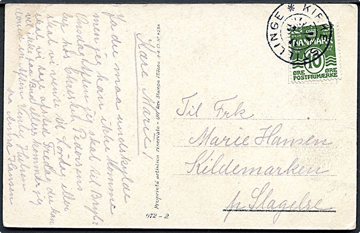 10 øre Bølgelinie på brevkort annulleret med stjernestempel KIRKE-STILLINGE til Kildemarken pr. Slagelse. Skjold.